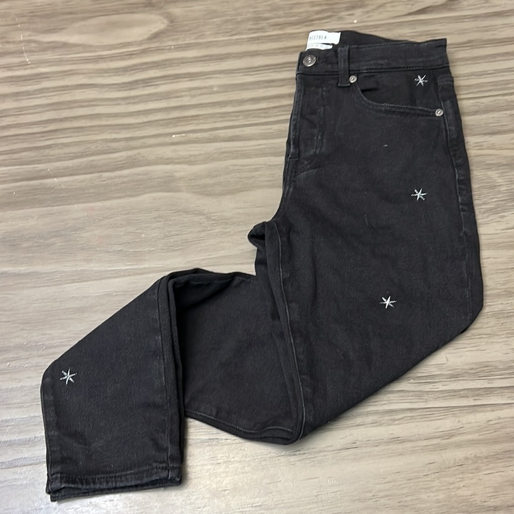PISTOLA HIGH RISE BUTTON FLY BLACK JEANS WITH EMBROIDERED STARS 26